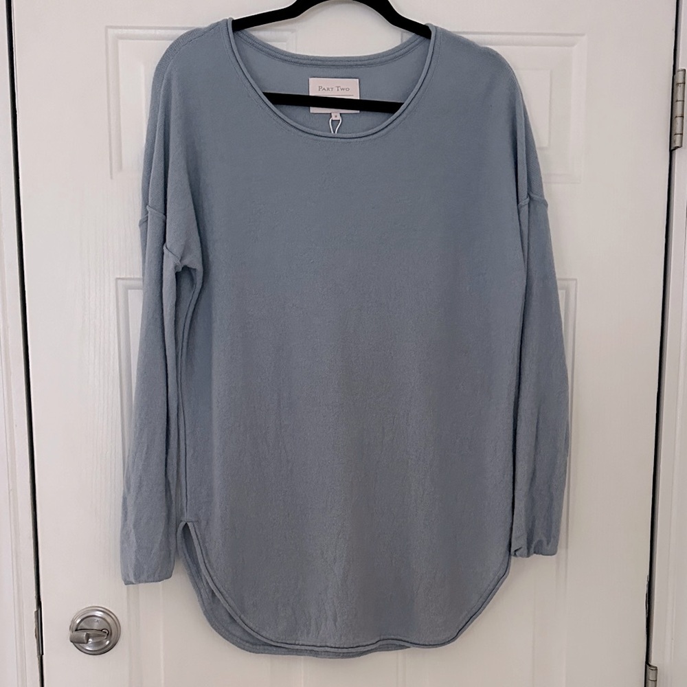 Part Two Wool Dusty Blue Long Line Knit Tunic Sweater Curved Hem Soft Slouchy M